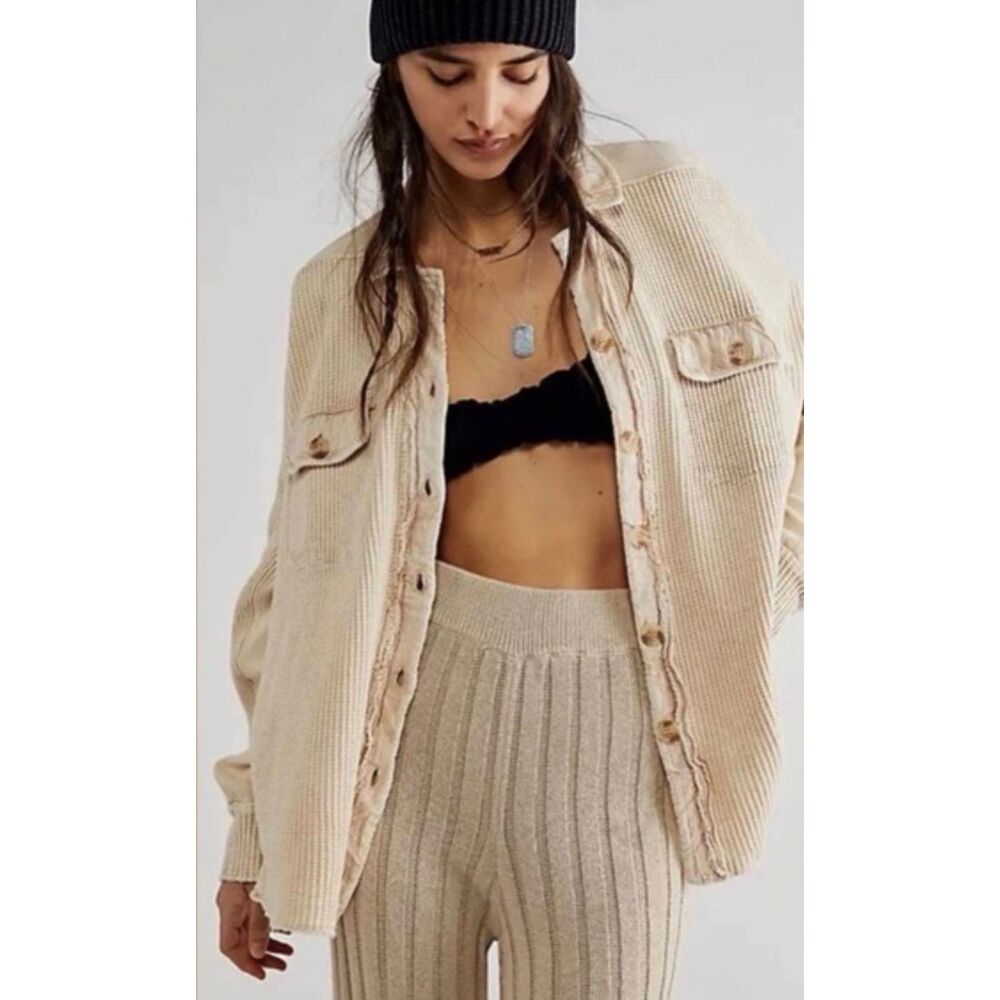 Free People FP One Scout Thermal Waffle Knit Oversized Shacket Shirt Jacket Salt
